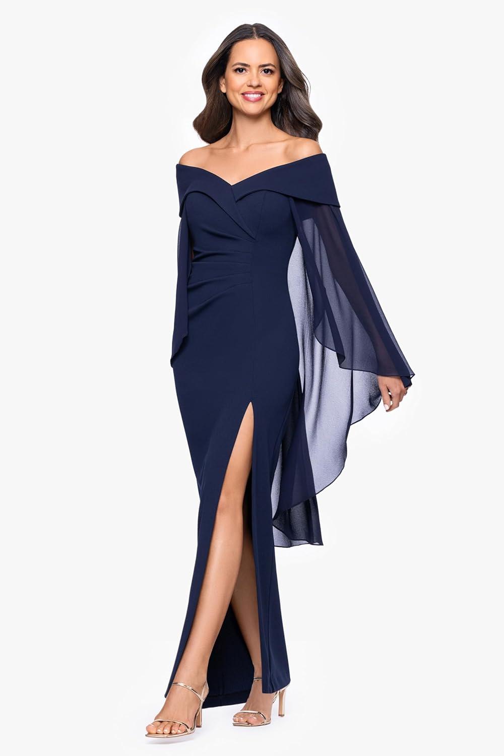 image:imageXscape Womens Scuba Crepe Off The Shoulder Chiffon Cape Sweetheart Neckline Floor Length DressNavy