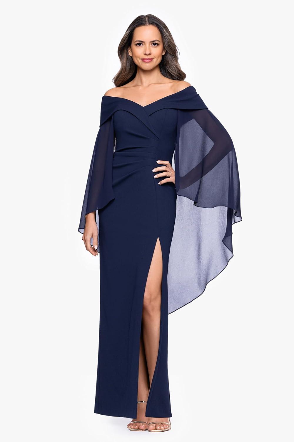 image:imageXscape Womens Scuba Crepe Off The Shoulder Chiffon Cape Sweetheart Neckline Floor Length DressNavy