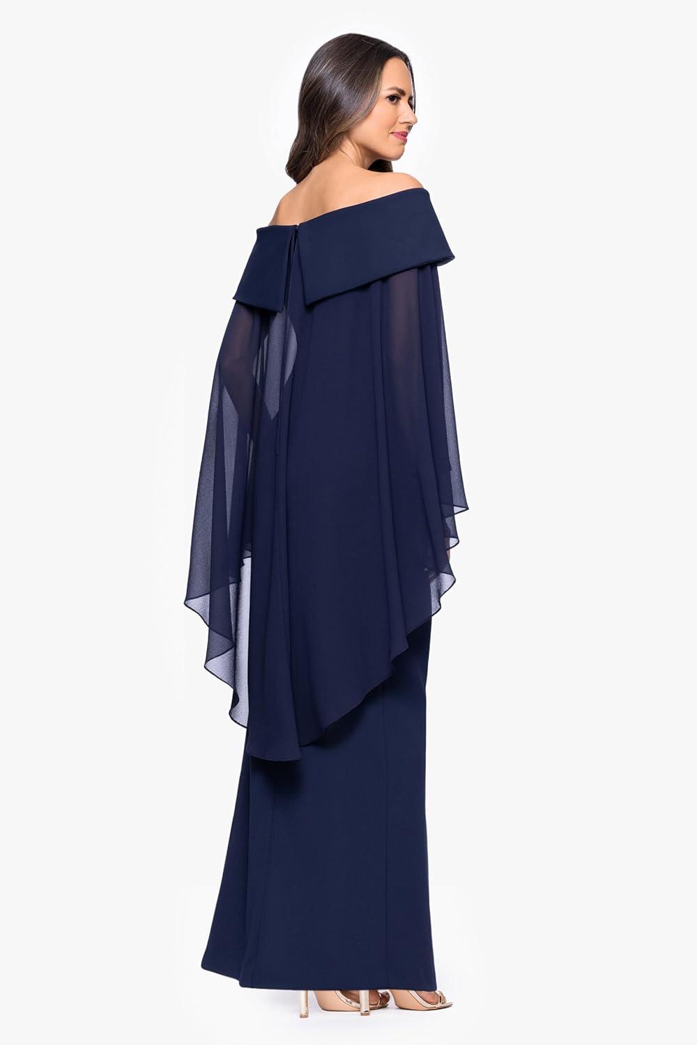 image:imageXscape Womens Scuba Crepe Off The Shoulder Chiffon Cape Sweetheart Neckline Floor Length DressNavy
