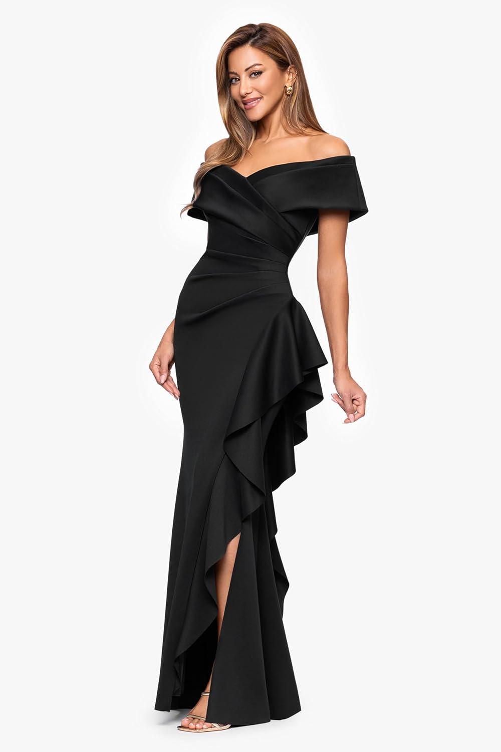 image:imageXscape Womens Scuba Off The Shoulder Ruffle Draped Floor Length DressBlack