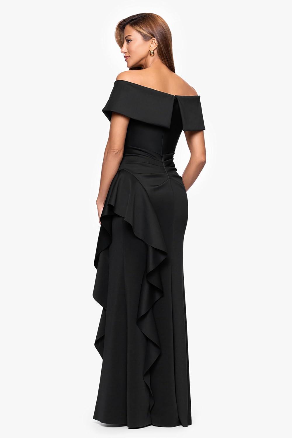 image:imageXscape Womens Scuba Off The Shoulder Ruffle Draped Floor Length DressBlack