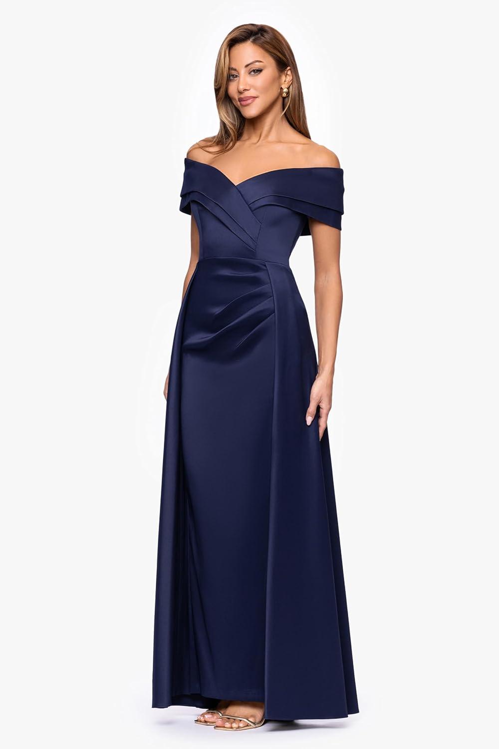 image:imageXscape Womens Stretch Mikado Off The Shoulder Pleated Ruched Floor Length DressNavy