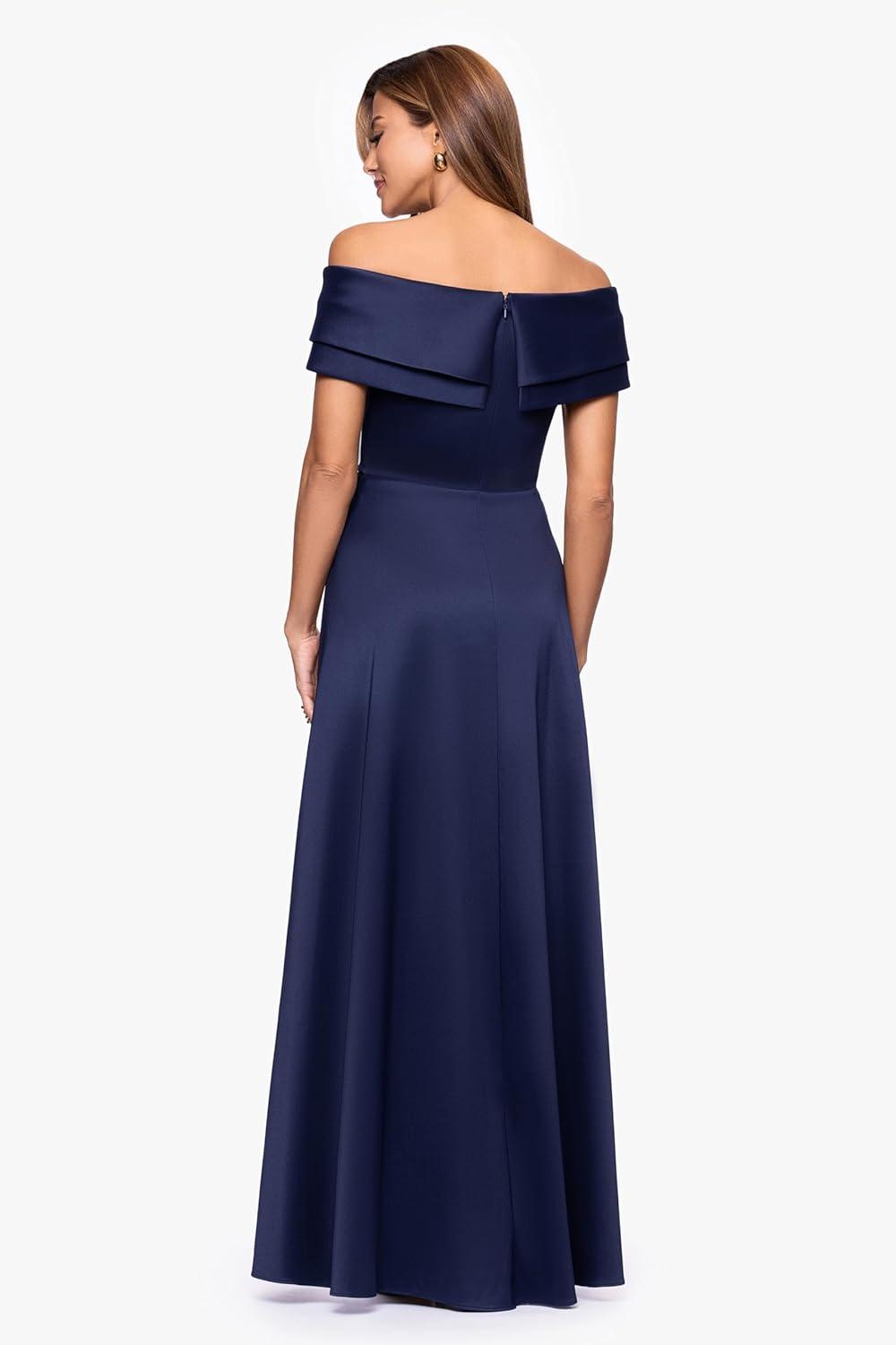 image:imageXscape Womens Stretch Mikado Off The Shoulder Pleated Ruched Floor Length DressNavy