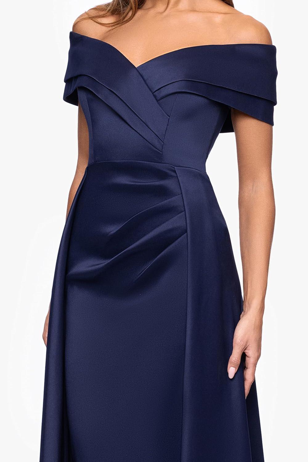 image:imageXscape Womens Stretch Mikado Off The Shoulder Pleated Ruched Floor Length DressNavy