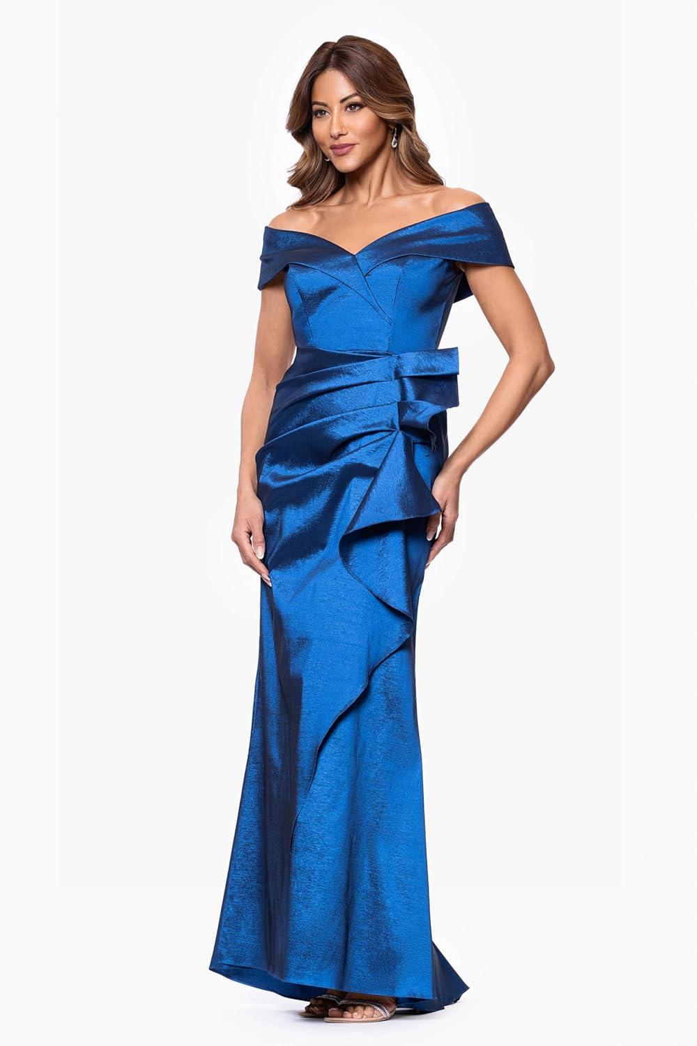 image:imageXscape Womens Taffeta Off The Shoulder Sweetheart Neckline Ruffle Floor Length Dress PetiteSapphire