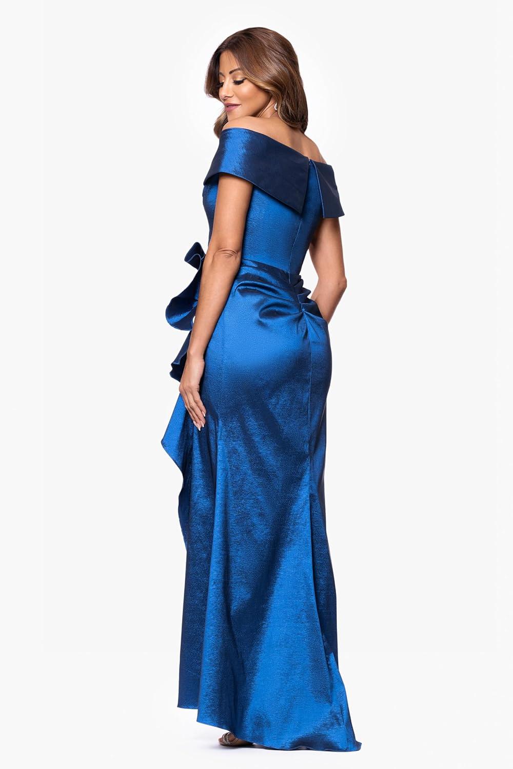 image:imageXscape Womens Taffeta Off The Shoulder Sweetheart Neckline Ruffle Floor Length Dress PetiteSapphire