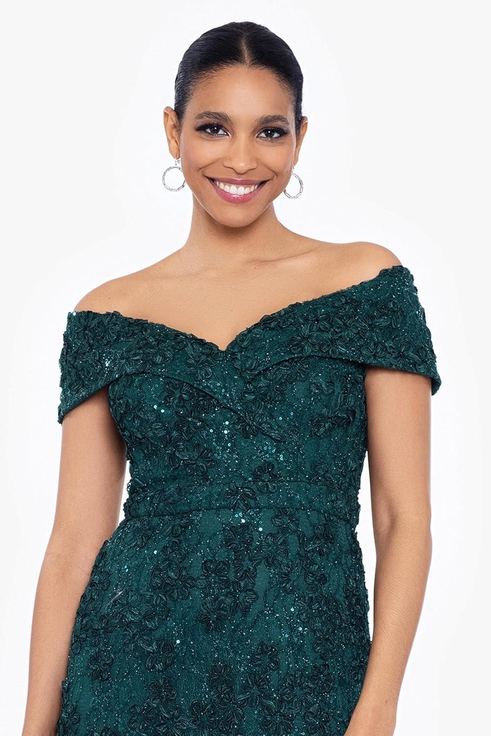 image:imageXscape womens Off the Shoulder Sweetheart Neckline Long Lace Dress Standard amp Petite Special Occasion DressHunter Green