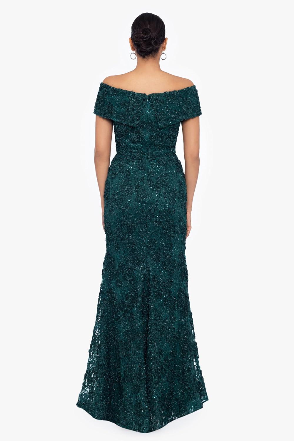 image:imageXscape womens Off the Shoulder Sweetheart Neckline Long Lace Dress Standard amp Petite Special Occasion DressHunter Green