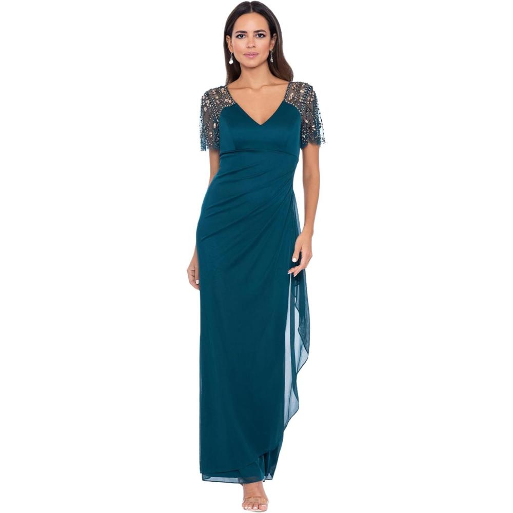 image:imageXscape Female Long Sheer Matte Jersey Beaded Flutter SleeveEmerald Green
