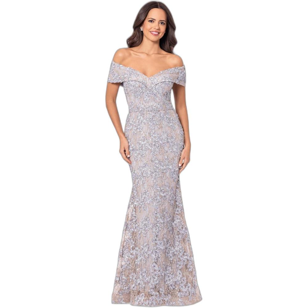 image:imageXscape Womens Betsy amp Adam Womens Velvet High Neck Sleeveless Ruffle Floor Length DressGoldSilver