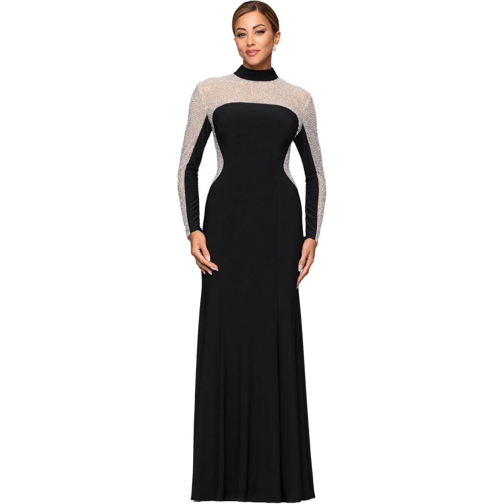 image:imageXscape Womens Jersey Knit Beaded Mock Neck Long Sleeve Floor Length DressBlackNudeSilver