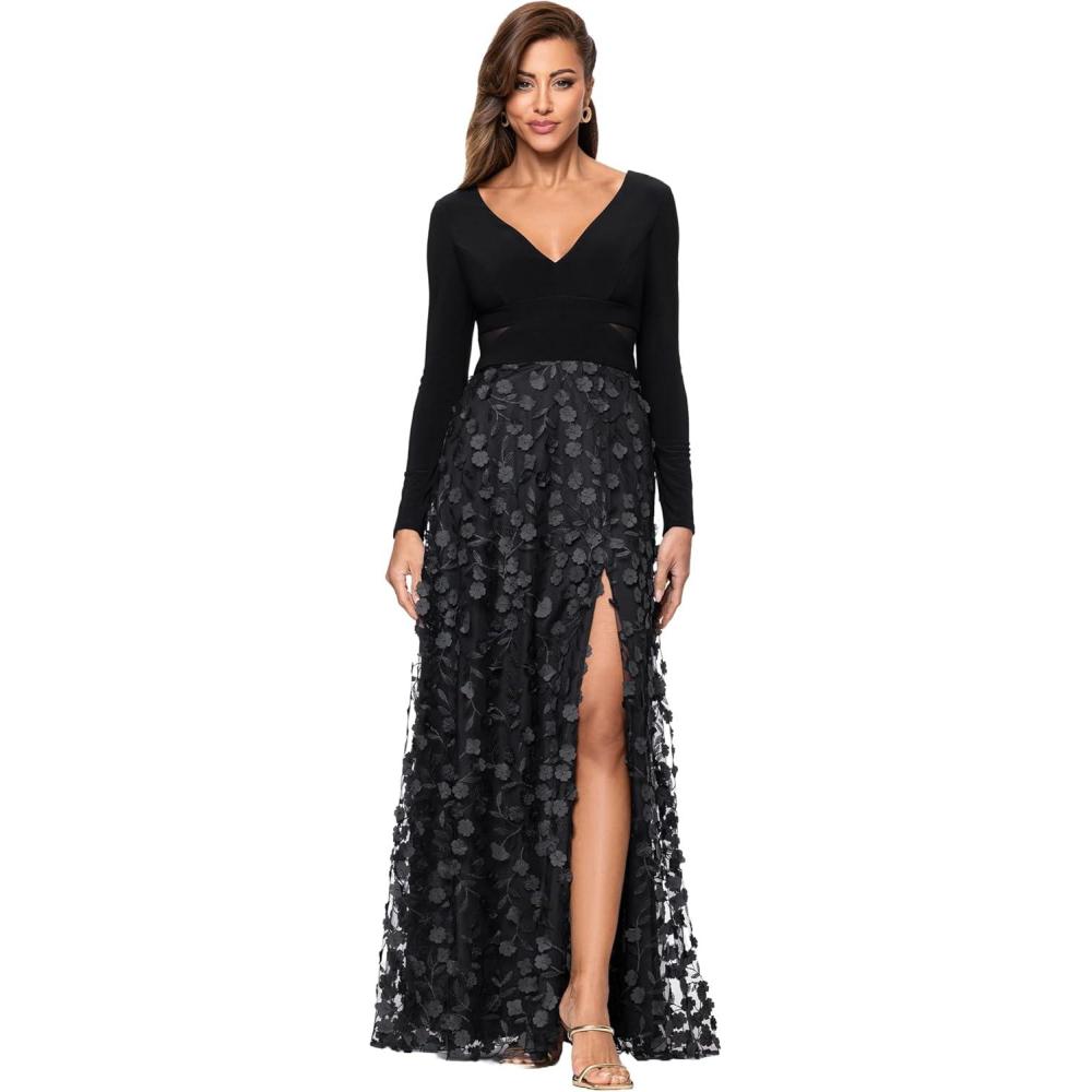 image:imageXscape Womens Jersey Knit Long Sleeve VNeck Floral Skirted GownBlack