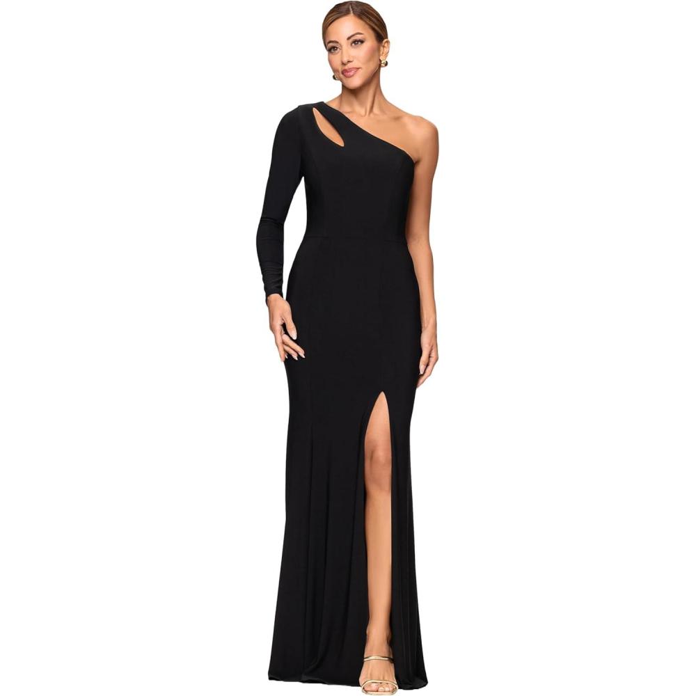 image:imageXscape Womens Jersey Knit One Shoulder Long Sleeve Cutout Slit Floor Length DressBlackNude