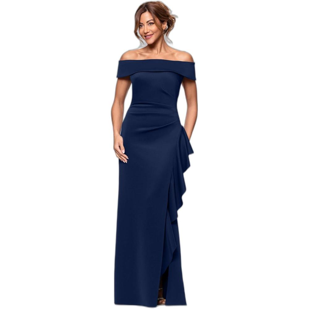 image:imageXscape Womens Long Tech Scuba OffTheShoulder Ruffle DressMidnight