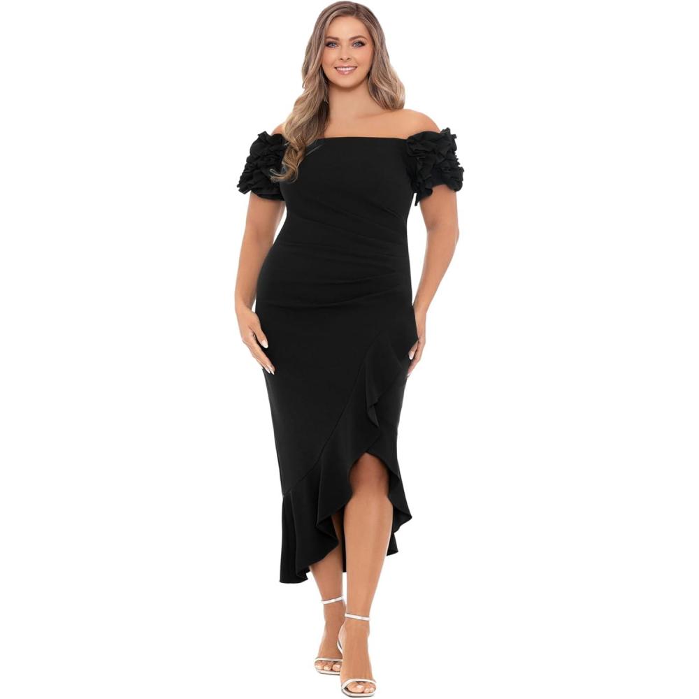 image:imageXscape Womens Off The Shoulder Ruffle Sleeve Midi Dress Plus Special Occasion DressBlack