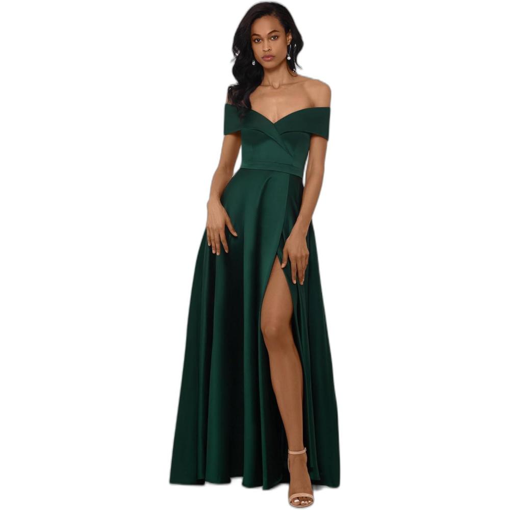 image:imageXscape Womens Off The Shoulder Sweetheart Satin Floor Length DressEmerald