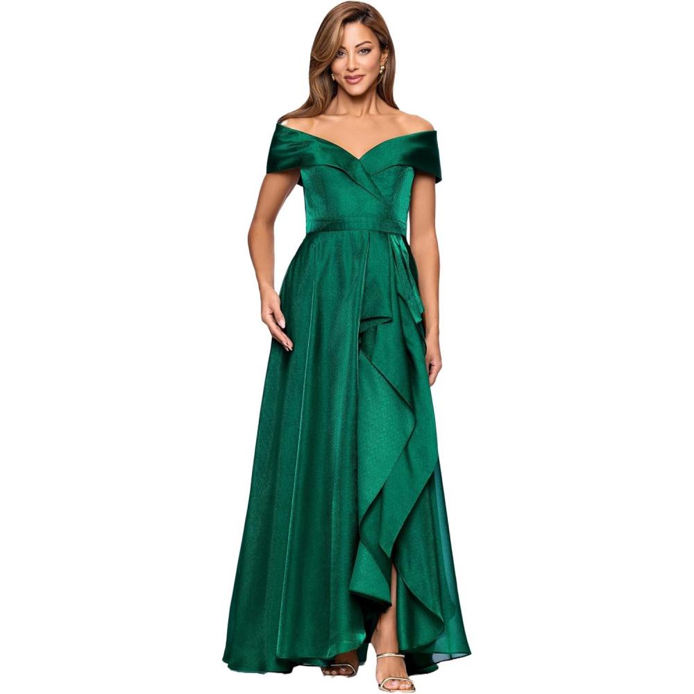 image:imageXscape Womens Organza Off The Shoulder Ruffle Draped Aline Floor Length DressGreen