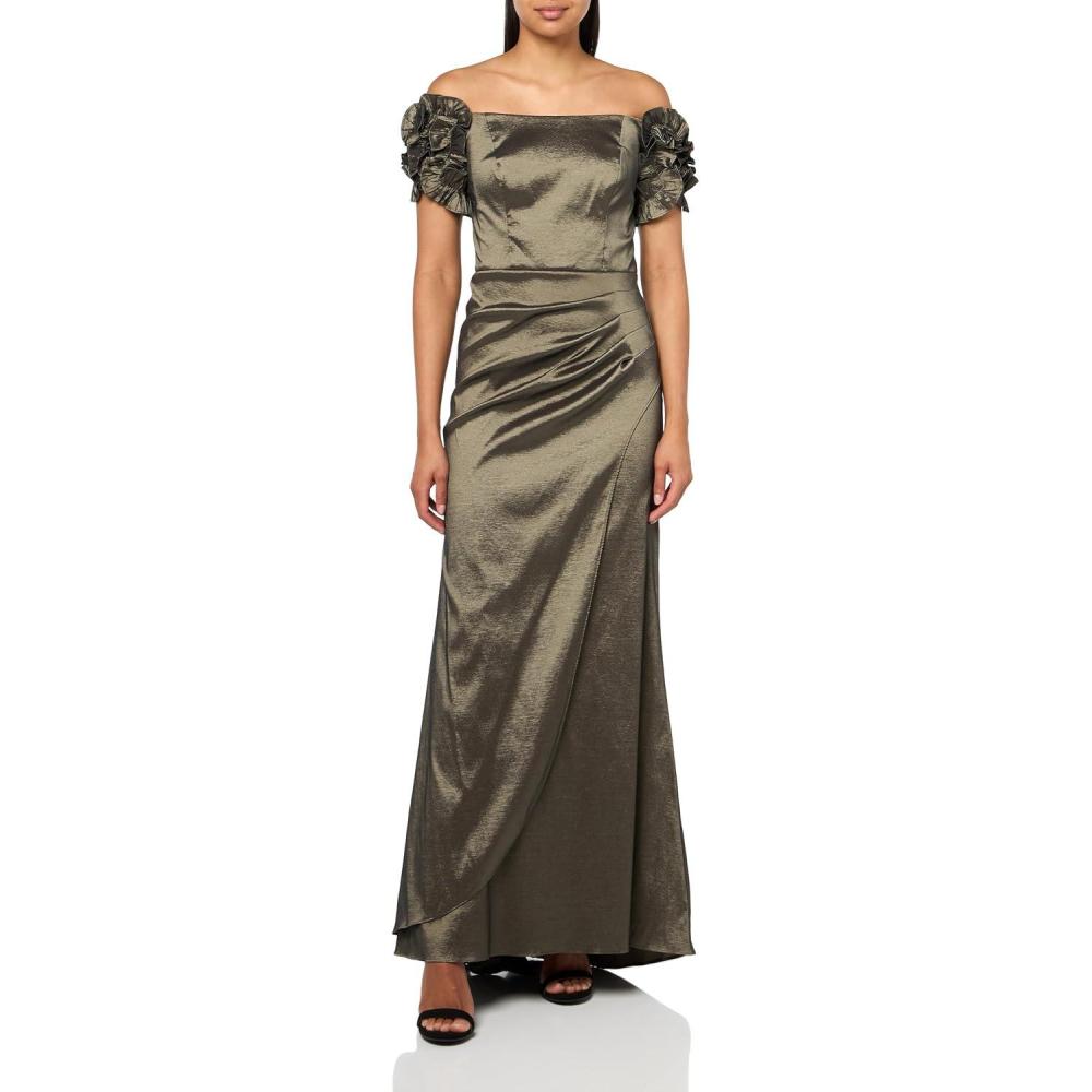 image:imageXscape Womens Plus Asymmetrical Neck Cap Sleeve Ruched High Slit GownOlive