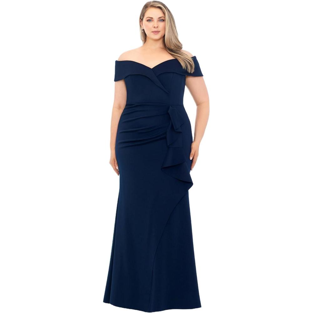 image:imageXscape Womens Plus Size Off Shoulder Sweetheart Neck Ruffle Long DressMidnight