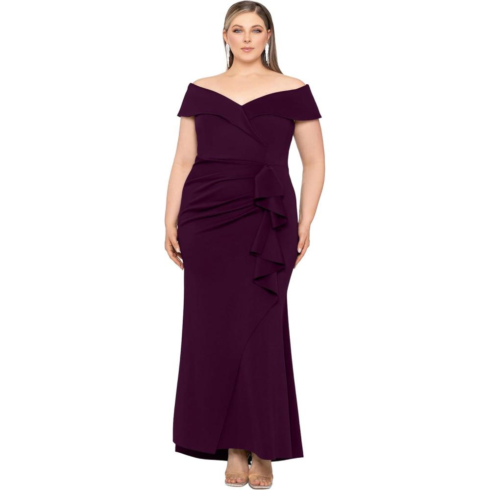 image:imageXscape Womens Plus Size Off Shoulder Sweetheart Neck Ruffle Long DressPlum
