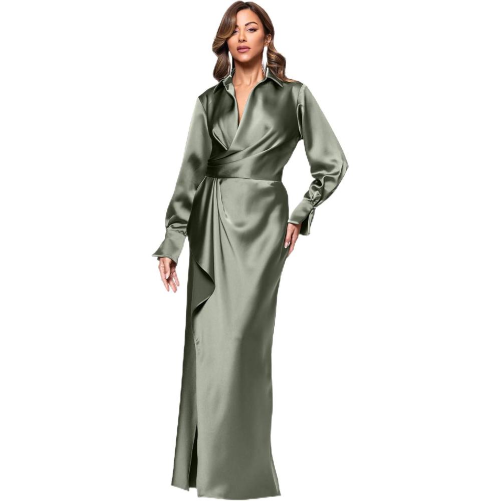image:imageXscape Womens Satin Collar Neck Long Sleeve Ruffle Modest Dress PetiteOlive