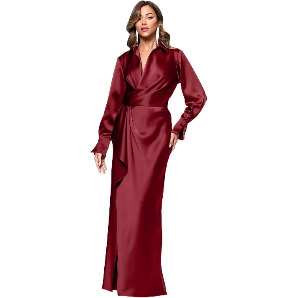 image:imageXscape Womens Satin Collar Neck Long Sleeve Ruffle Modest Dress PetiteWine