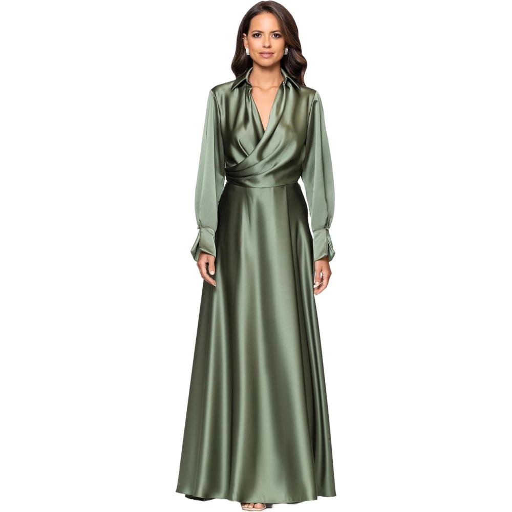 image:imageXscape Womens Satin Long Sleeve Collared Neck Floor Length DressOlive
