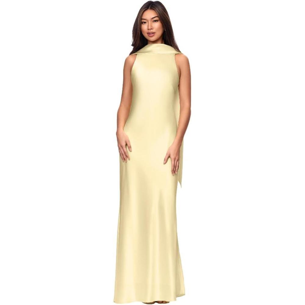 image:imageXscape Womens Satin Mock Neck Sleeveless Floor Length DressButter