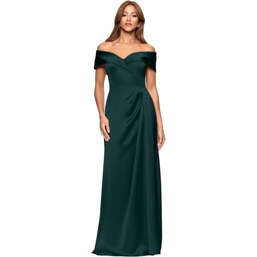 image:imageXscape Womens Satin Sweetheart Neckline Off The Shoulder Floor Length DressHunter