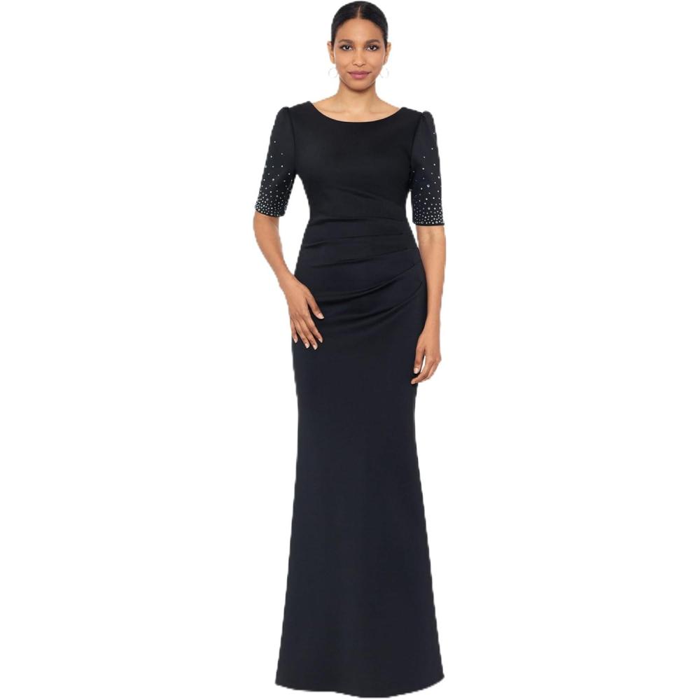 image:imageXscape Womens Scuba Bateau Neck Embellished Short Sleeve Floor Length Dress PetiteBlack
