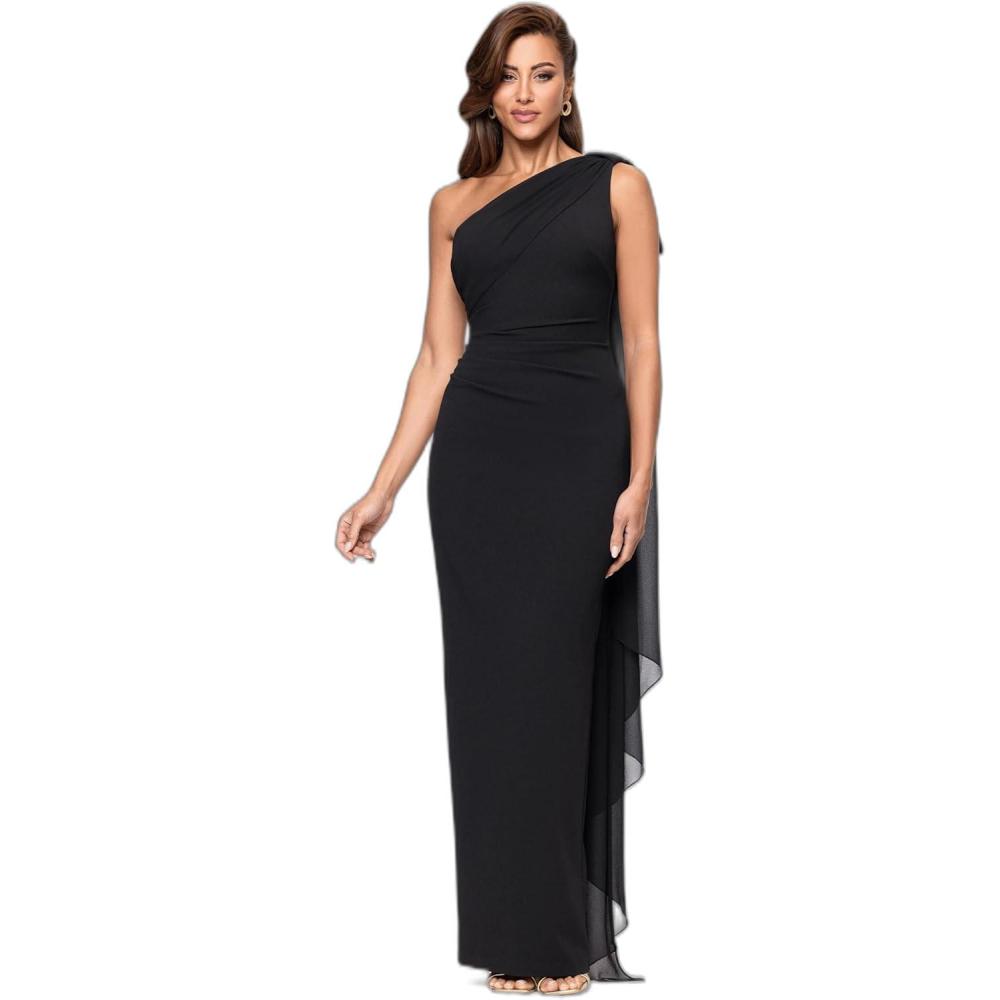 image:imageXscape Womens Scuba Crepe Asymmetrical Neck and Chiffon Sash Floor Length Dress PetiteBlack