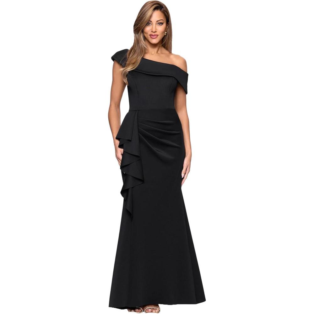 image:imageXscape Womens Scuba Crepe Drop Shoulder Ruffle Draped Floor Length DressBlack