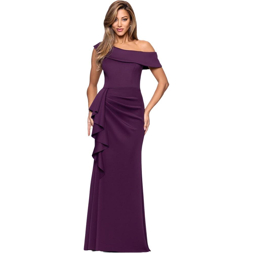 image:imageXscape Womens Scuba Crepe Drop Shoulder Ruffle Draped Floor Length DressPlum