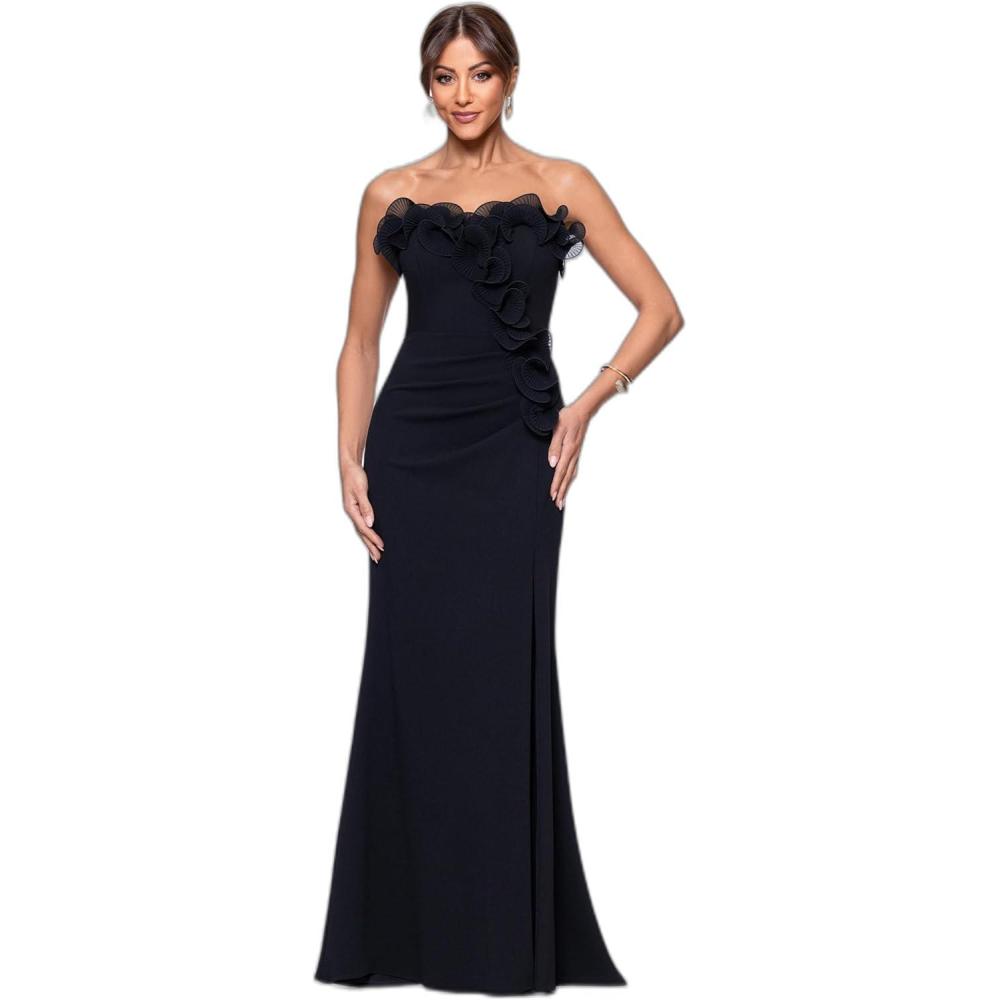 image:imageXscape Womens Scuba Crepe Off The Shoulder Chiffon Ruffle Floor Length DressBlack