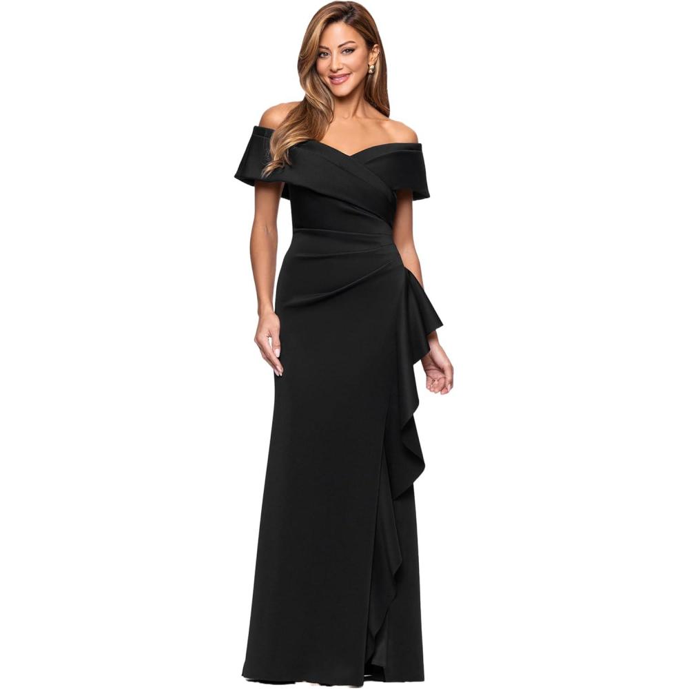 image:imageXscape Womens Scuba Off The Shoulder Ruffle Draped Floor Length DressBlack