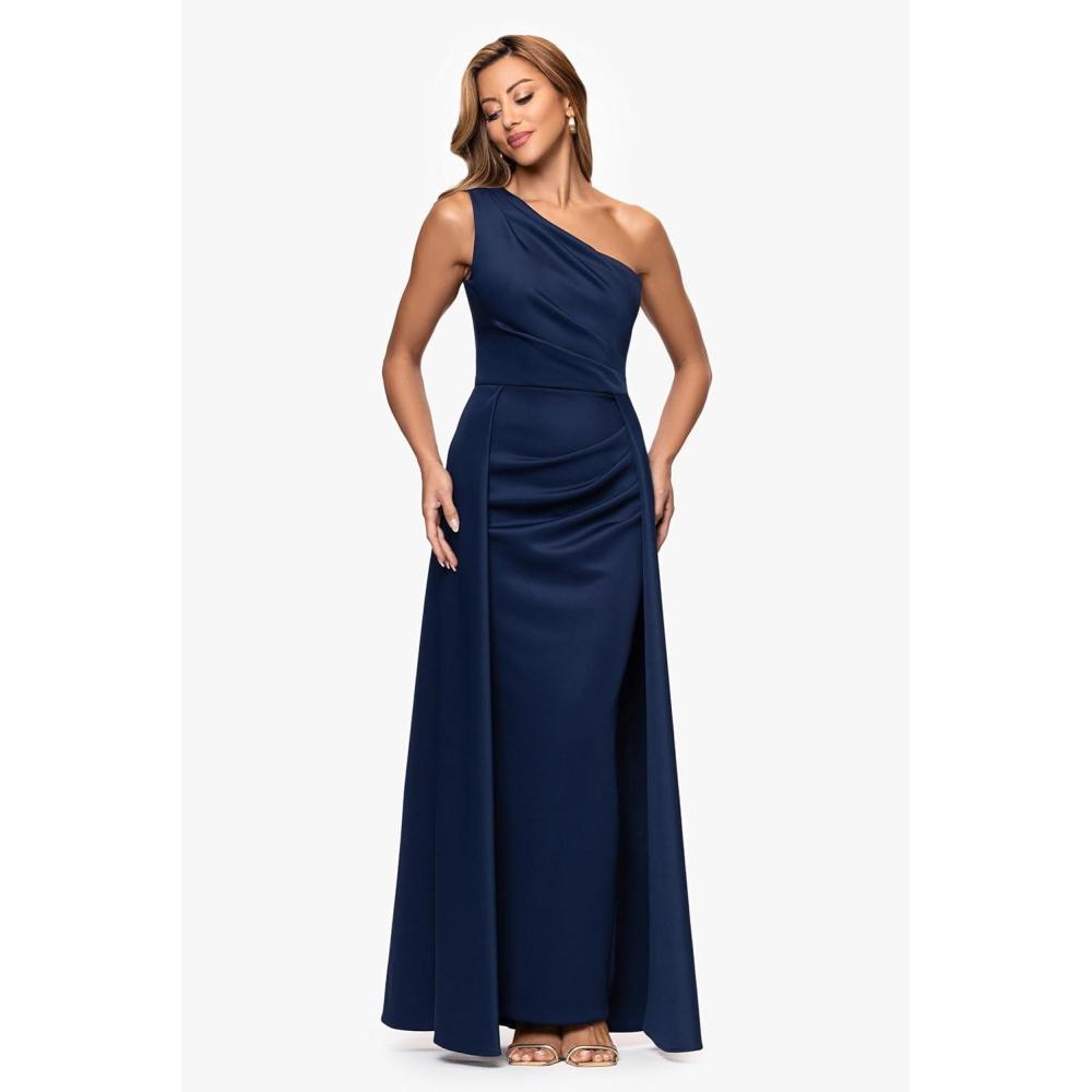 image:imageXscape Womens Techno Scuba One Shoulder Cape Skirt Floor Length Dress Petite