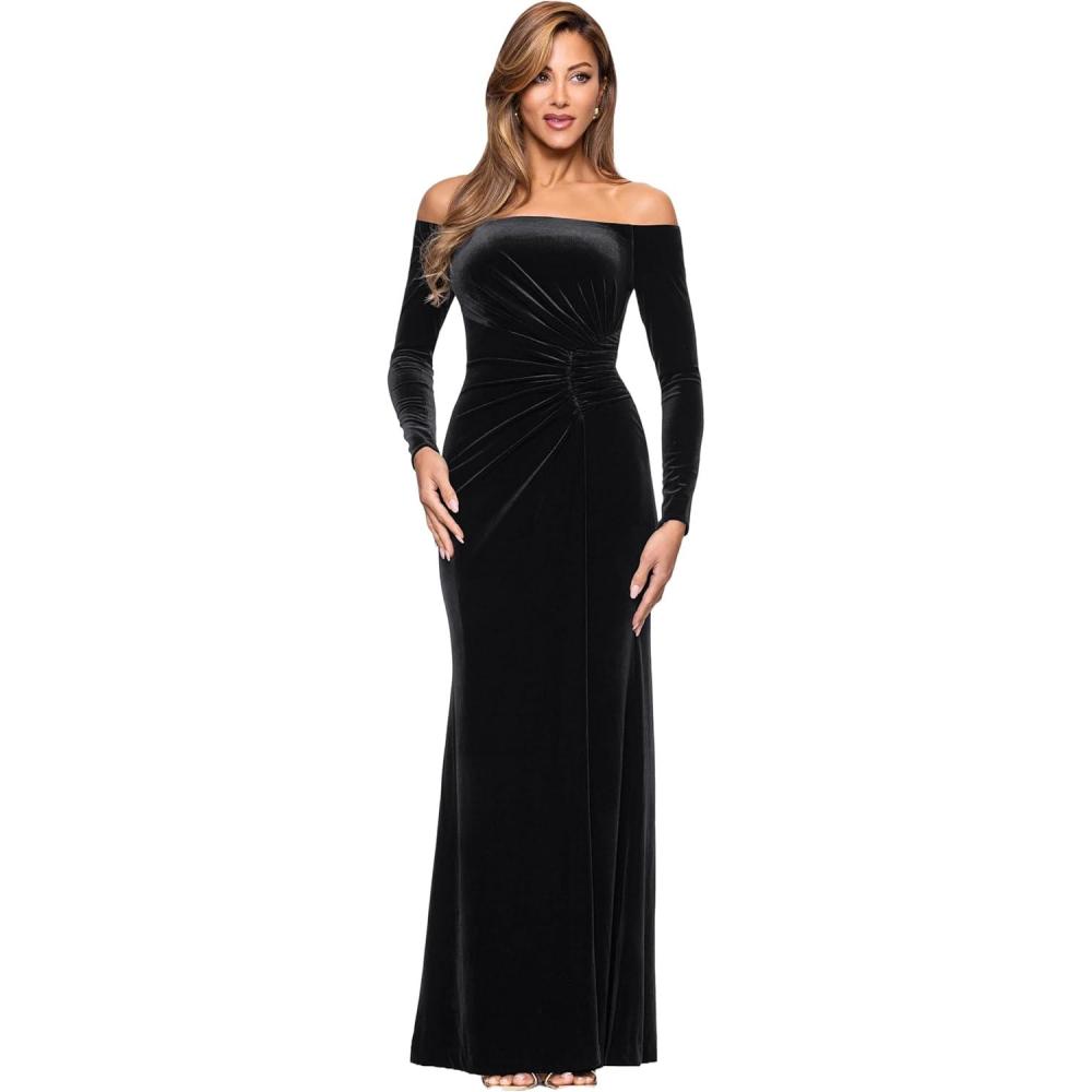 image:imageXscape Womens Velvet Off The Shoulder Ruched Waist Floor Length DressBlack