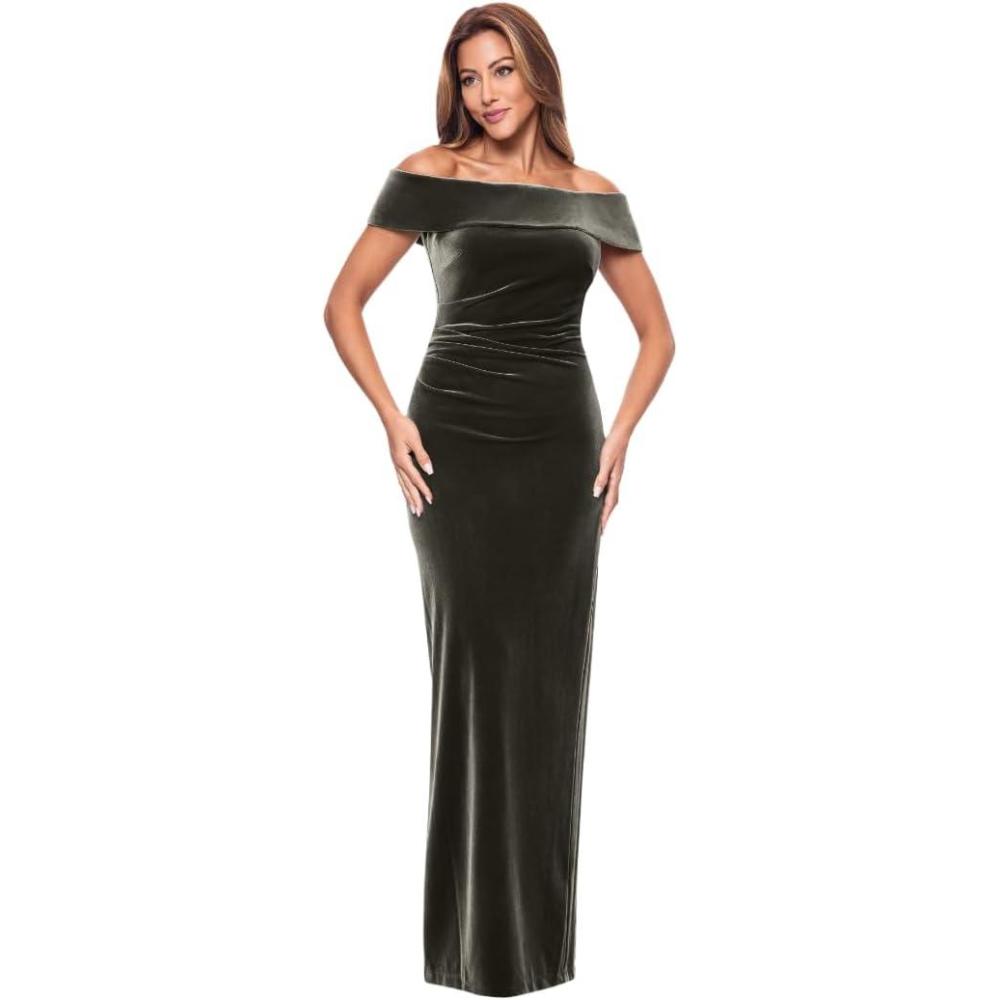 image:imageXscape Womens Velvet OffTheShoulder Popover Maxi Dress with Zippered Back Closure Moss 8