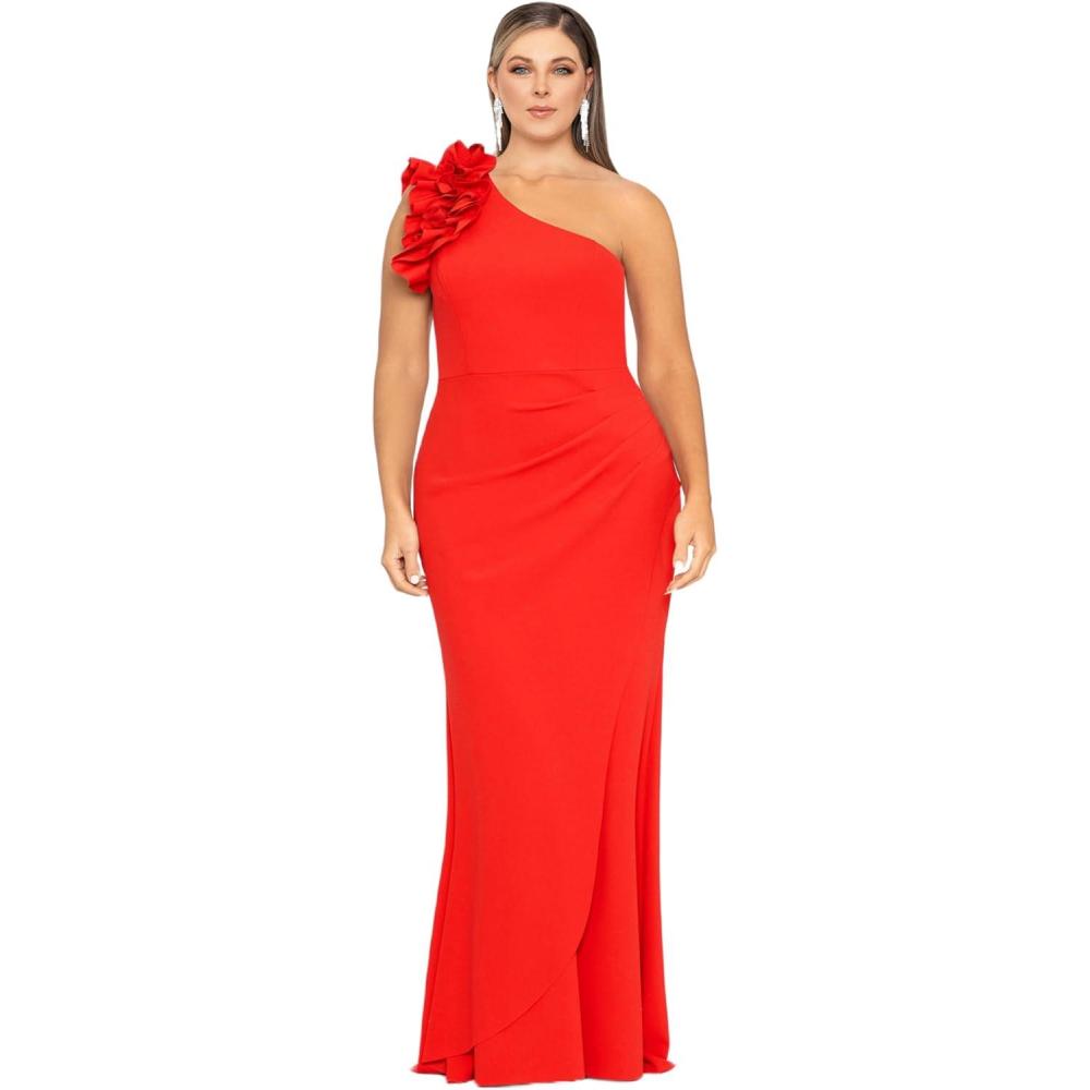 image:imageXscape Womens Xscape Womens FloorLength OneShoulder with Statement Floral Detail and Draped Fitted Silhouette PlusRed