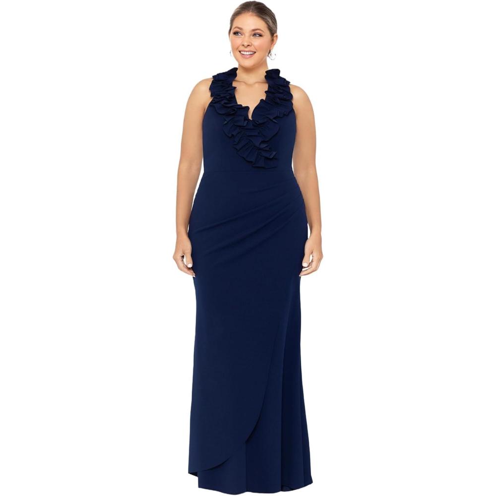 image:imageXscape Womens Xscape Womens FloorLength Sleeveless VNeck with Ruffled Neckline Draped Detail and Fitted SilhouetteNavy