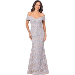 Xscape Womens Betsy & Adam Women’s Velvet High Neck Sleeveless Ruffle Floor Length Dress(Gold/Silver)