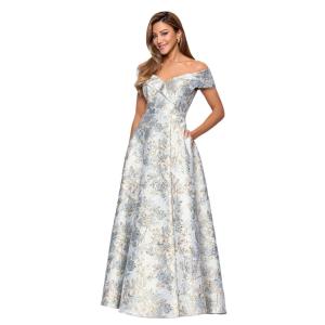 Xscape Women’s Brocade Off The Shoulder Floor Length Dress, Blue/Gold, 8(Blue/Gold)