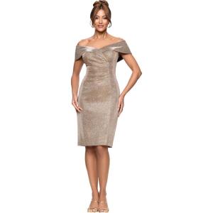 Xscape Women’s Galaxy Glitter Sweetheart Neckline Off The Shoulder Knee Length Dress(Sand)