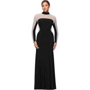 Xscape Women’s Jersey Knit Beaded Mock Neck Long Sleeve Floor Length Dress(Black/Nude/Silver)