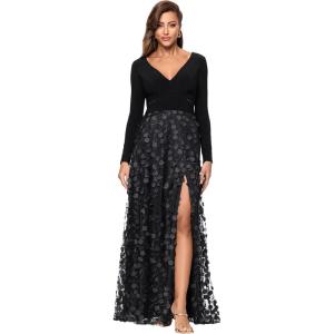 Xscape Women’s Jersey Knit Long Sleeve V-Neck Floral Skirted Gown(Black)