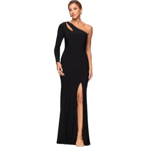 Xscape Women’s Jersey Knit One Shoulder Long Sleeve Cutout Slit Floor Length Dress(Black/Nude)