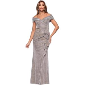 Xscape Women’s Long Foil Knit Off The Shoulder Floor Length Ruffle Dress(Sand)