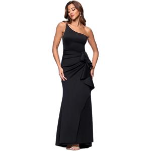 Xscape Women’s Long One Shoulder Scuba Side Ruffle Dress(Black)