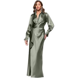 Xscape Women’s Long Satin Long Sleeve Collared(Olive)