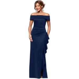 Xscape Womens Long Tech Scuba Off-The-Shoulder Ruffle Dress(Midnight)